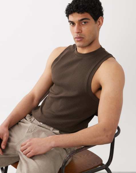 Camiseta de vestir marrón oscuro ajustada sin mangas con cuello redondo de canalé de ASOS DESIGN - view 1