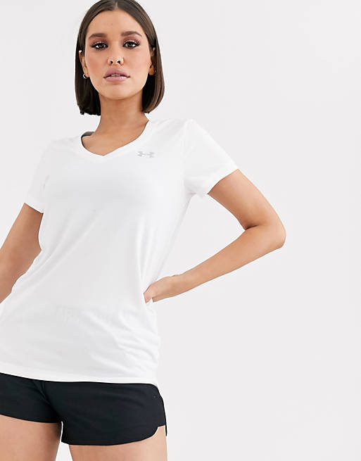 Camiseta deportiva blanca en tejido técnico con cuello de pico de Under Armour