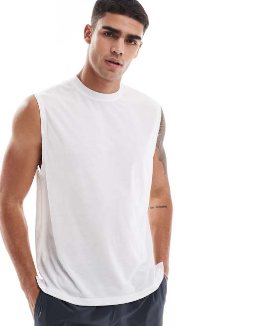 Camiseta deportiva blanca extragrande sin mangas de malla de secado rápido de 4505 