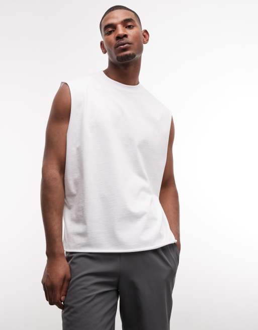 Camiseta deportiva blanca sin mangas con bajo sin rematar de algodón de secado rápido 4505, 3 de 5