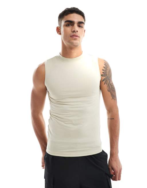 Camiseta deportiva color piedra ajustada sin mangas Icon de 4505 