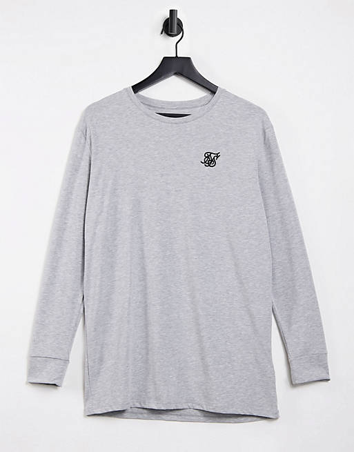 Camiseta deportiva gris jaspeada de manga larga y bajo recto de SikSilk