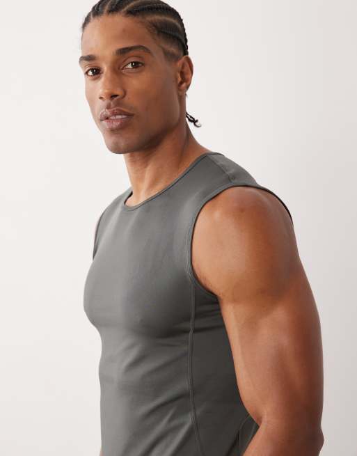 Camiseta deportiva gris oscuro ajustada sin mangas de tejido de secado rápido de 4505, 4 de 5