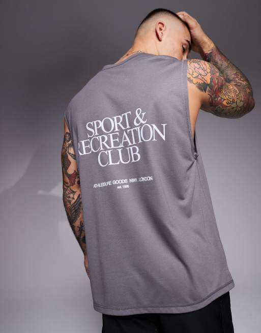 Camiseta deportiva gris plomo de corte suelto sin mangas con estampado trasero de malla de 4505 
