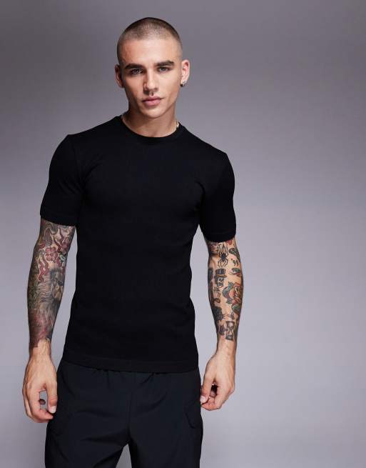 Camiseta deportiva negra ajustada sin costuras de canalé Icon de 4505 