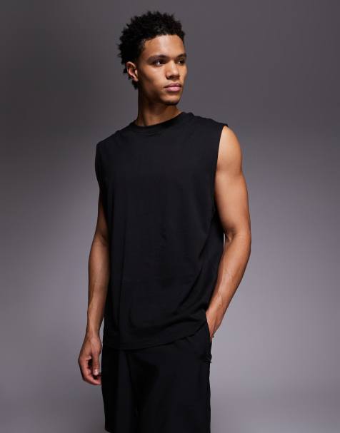 Camiseta deportiva negro lavado extragrande sin mangas con acabado de secado rápido de algodón Icon de 4505 - view 1