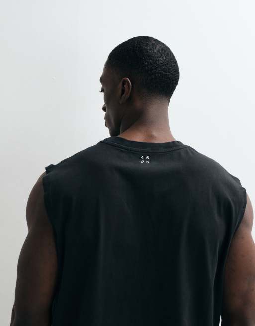 Camiseta deportiva negro lavado extragrande sin mangas con acabado de secado rápido de algodón Icon de 4505, 3 de 5