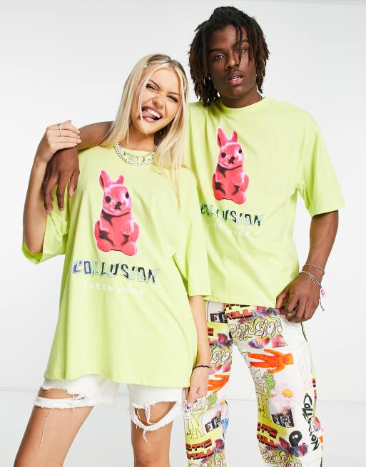 Camiseta en tonos neón extragrande con estampado de conejo de COLLUSION Unisex