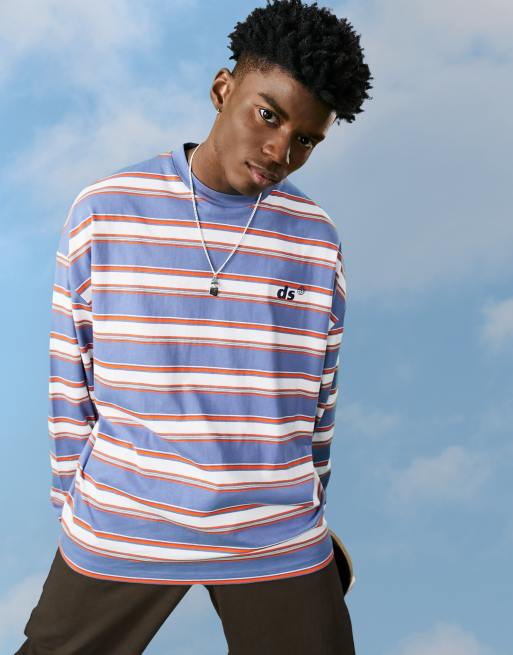 Camiseta extragrande azul de manga larga a rayas con logo estampado de ASOS Daysocial, 2 de 4