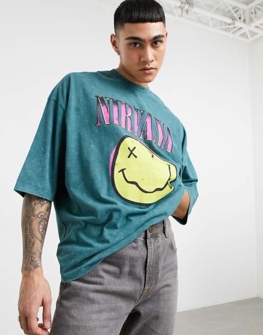 Camiseta extragrande con estampado de Nirvana en la parte delantera y acabado lavado ácido en verde  de ASOS DESIGN
