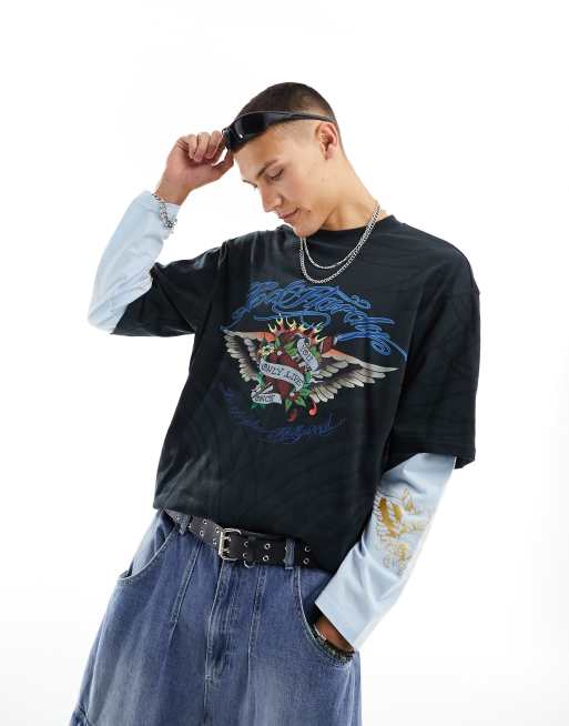 Camiseta extragrande con estampado gráfico y diseño de dos capas estilo skater de Ed Hardy