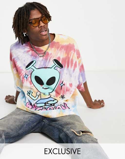 Camiseta extragrande de efecto tie dye con estampado de dibujo animado de COLLUSION