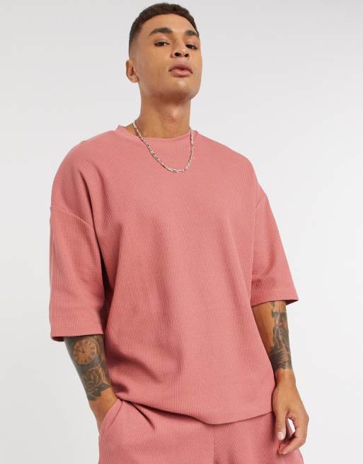 Camiseta extragrande de punto de grano de arroz grueso en rosa de ASOS DESIGN (parte de un conjunto)