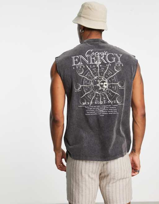 Camiseta extragrande sin mangas con lavado negro y estampado celestial en la espalda de ASOS DESIGN