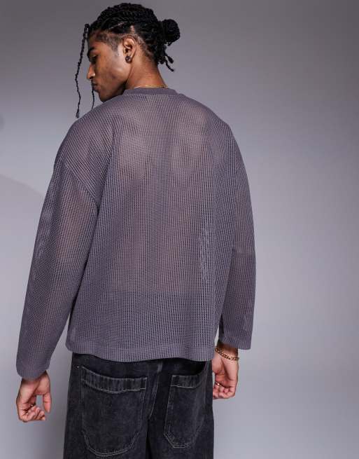 Camiseta gris carbón de corte cuadrado extragrande y manga larga con hombros caídos de malla calada de ASOS DESIGN