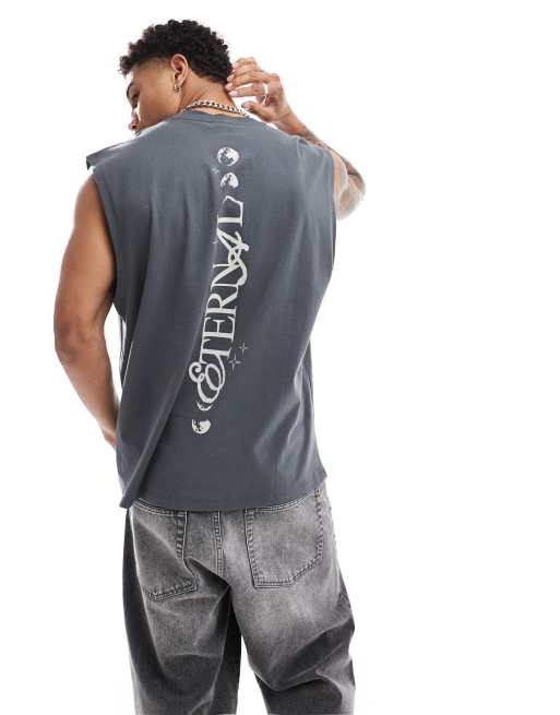 Camiseta gris carbón extragrande sin mangas con estampado en la espalda de ASOS DESIGN