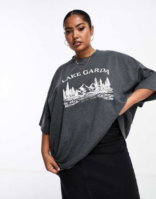 Camiseta gris carbón jaspeado extragrande con estampado gráfico 