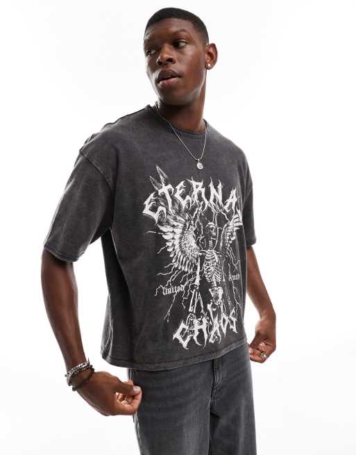 Camiseta gris carbón lavado de corte cuadrado extragrande con estampado gráfico delantero de ASOS DESIGN