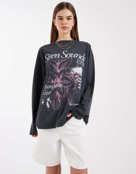 Camiseta gris carbón lavado de manga larga con estampado gráfico "Siren Sounds" de ASOS DESIGN - view 1
