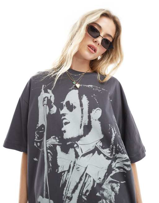 Camiseta gris carbón lavado extragrande con estampado gráfico con licencia de Lenny Kravitz de ASOS DESIGN, 3 de 4
