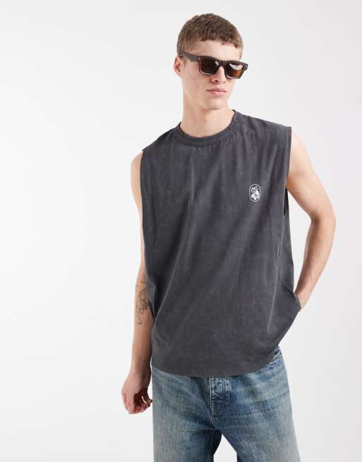 Camiseta gris carbón lavado extragrande sin mangas con estampado gráfico floral de ASOS DESIGN, 2 de 5