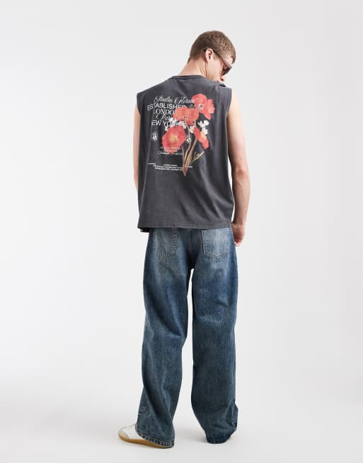 Camiseta gris carbón lavado extragrande sin mangas con estampado gráfico floral de ASOS DESIGN, 3 de 5