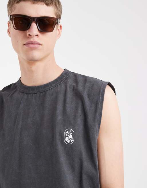 Camiseta gris carbón lavado extragrande sin mangas con estampado gráfico floral de ASOS DESIGN, 4 de 5