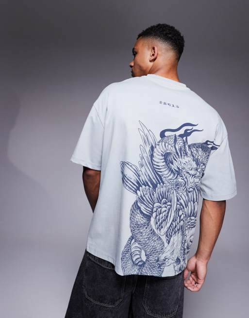 Camiseta gris claro con diseño de dragón japonés bordado de River Island, 4 de 4