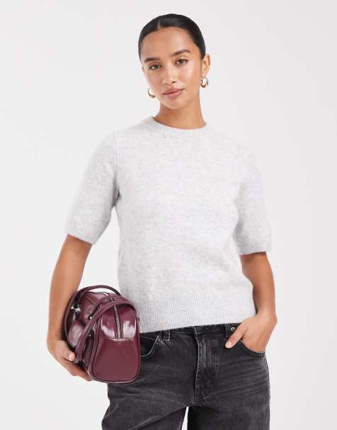 Camiseta gris claro con mangas abullonadas de punto de New Look Petite - view 1