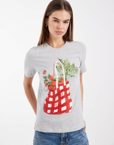 Camiseta gris claro de corte estándar con estampado de tomates de ONLY - view 1