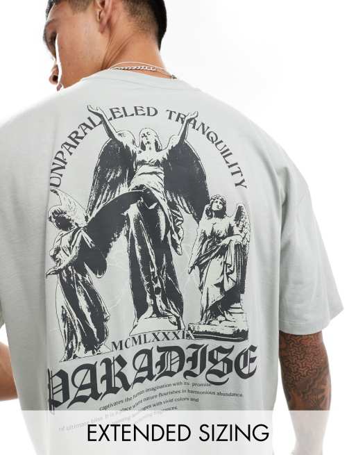 Camiseta gris de corte cuadrado extragrande con estampado de querubines en la espalda de ASOS DESIGN