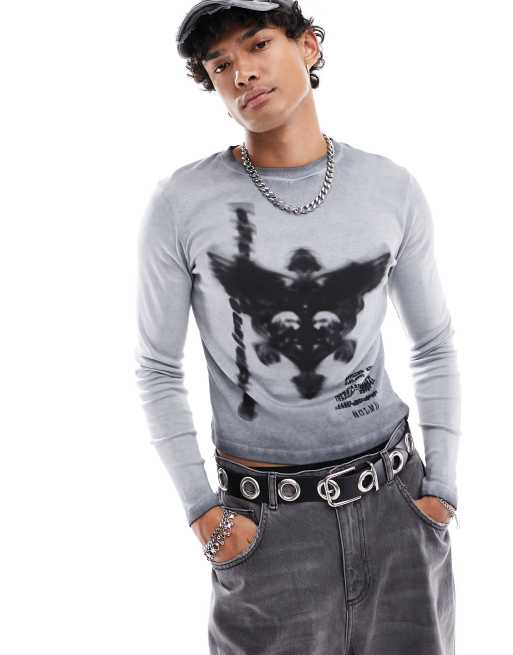 Camiseta gris de manga larga y corte slim estilo skater con estampado gráfico estilo años 2000 de Reclaimed Vintage