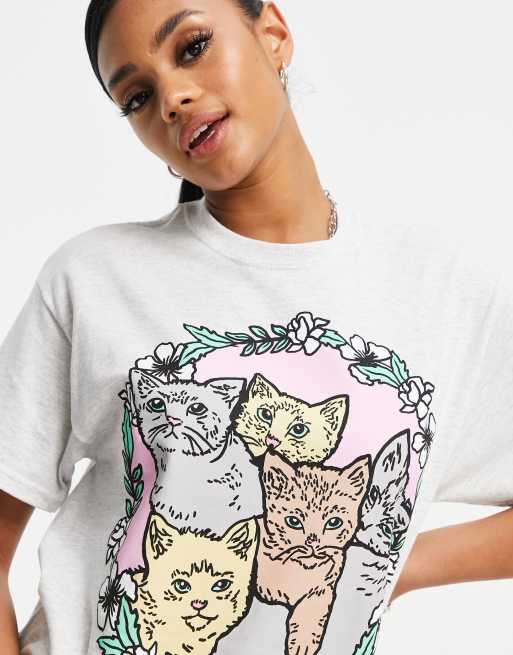 Camiseta gris extragrande con estampado de gatitos de New Love Club