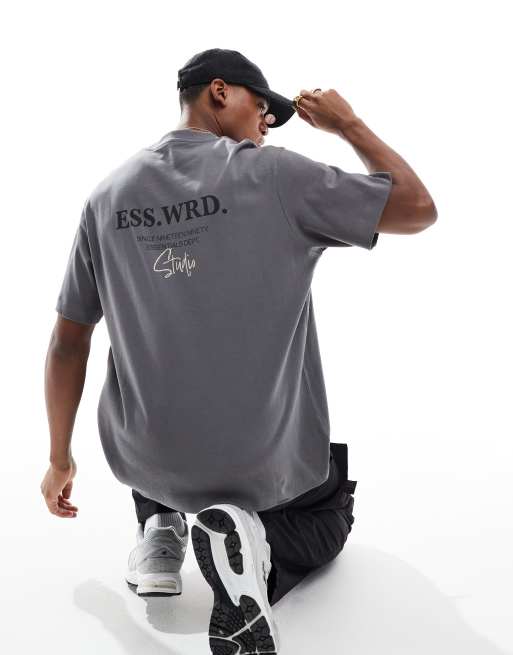 Camiseta gris extragrande con estampado de texto en la espalda de tejido grueso de 200 g/m2 de Jack & Jones
