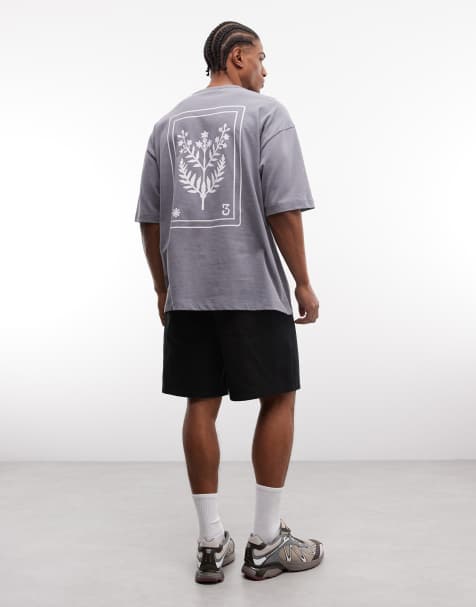 Camiseta gris extragrande con estampado gráfico de hoja y acabado lavado de tejido grueso de ASOS DESIGN - view 1
