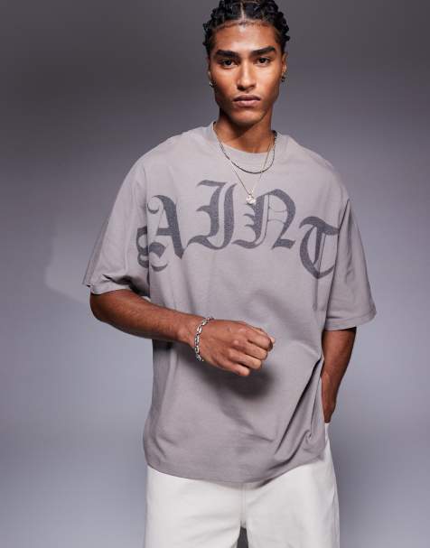 Camiseta gris extragrande con texto "Saint" de River Island - view 1