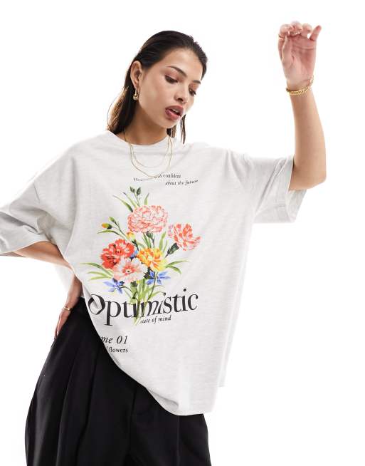 Camiseta gris hielo jaspeado de corte boyfriend con estampado gráfico botánico 