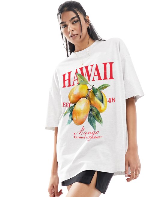 Camiseta gris hielo jaspeado de corte boyfriend con estampado gráfico de fruta y texto 