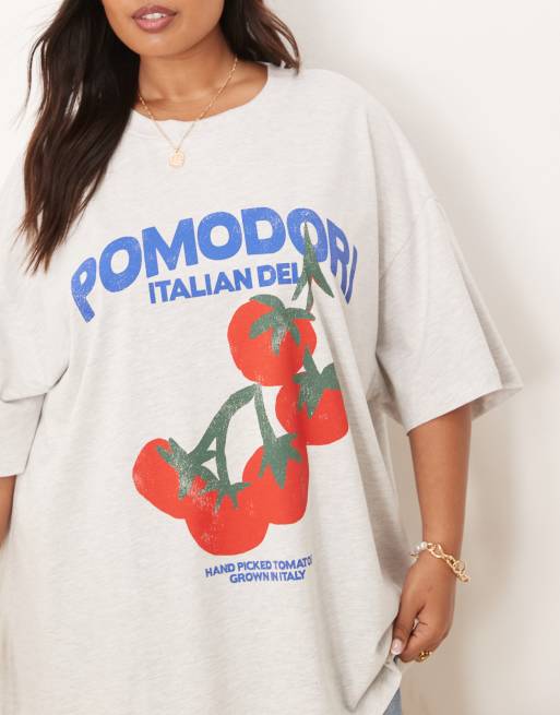 Camiseta gris hielo jaspeado extragrande con estampado gráfico de tomate y texto "Pomodoro" de ASOS DESIGN Curve, 4 de 4