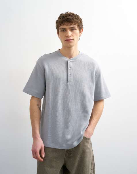 Camiseta gris holgada con cuello panadero de tejido grueso de Topman - view 1