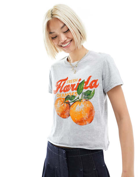 Camiseta gris jaspeado con diseño encogido y estampado gráfico de naranjas de Florida de ASOS DESIGN - view 1
