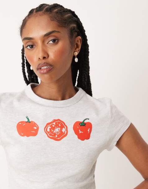 Camiseta gris jaspeado con diseño encogido y estampado gráfico de pimientos de ASOS DESIGN - view 1