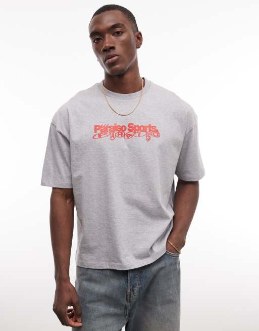 Camiseta gris jaspeado de corte cuadrado extragrande con estampado gráfico de texto de ASOS DESIGN, 3 de 5