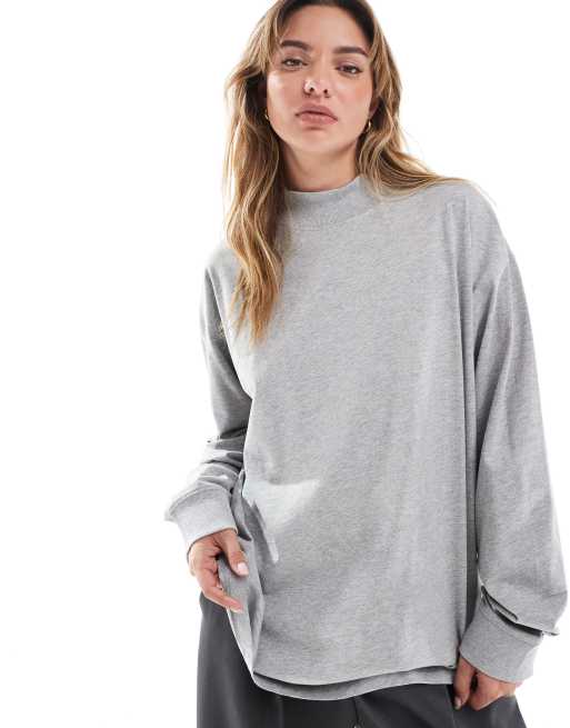 Camiseta gris jaspeado de manga larga con cuello alto de ASOS DESIGN