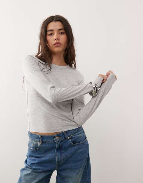 Camiseta gris jaspeado de manga larga con diseño encogido de COLLUSION - view 1