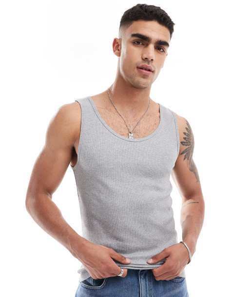 Camiseta gris jaspeado de tirantes ajustada de canalé de ASOS DESIGN - view 1