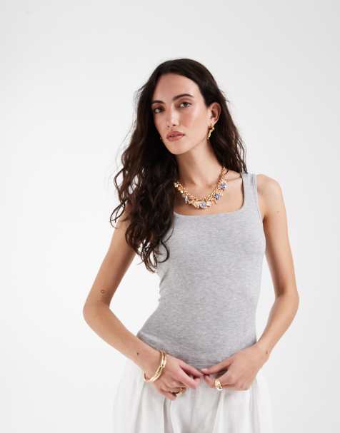 Camiseta gris jaspeado de tirantes sin costuras con cuello cuadrado y sujetador integrado de canalé de ASOS DESIGN - view 1