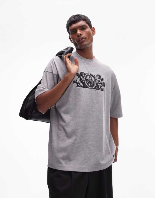 Camiseta gris jaspeado extragrande con bordado de querubín en el pecho premium de Topman