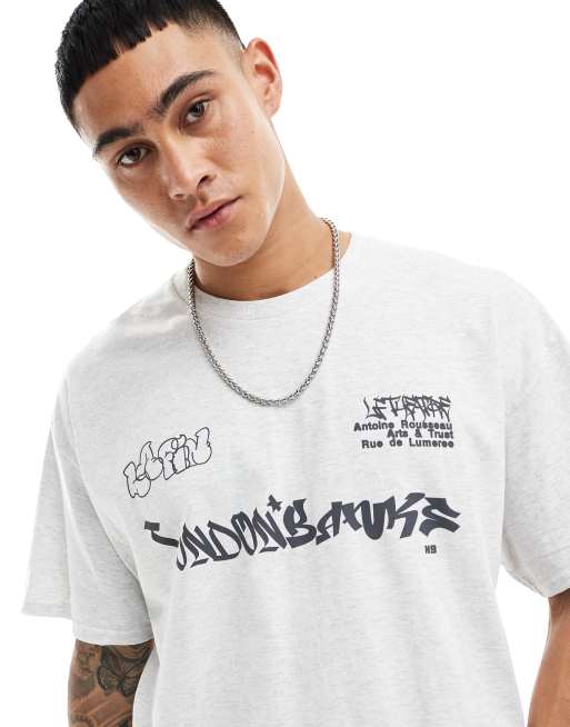Camiseta gris jaspeado extragrande con estampado de grafiti de ASOS DESIGN