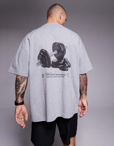 Camiseta gris jaspeado extragrande con gráfico en la espalda y acabado de secado rápido de algodón grueso de 4505 - view 1